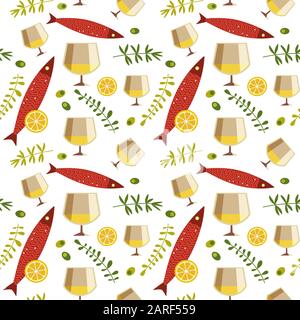 White wine glass and fresh fish seamless pattern Stock Vector