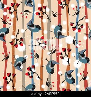 Hand Drawn Floral Seamless with birds. Pattern on subtle background. Vector Illustration Stock Vector