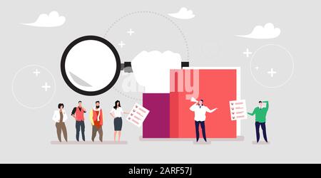 businesspeople candidates standing in line queue to prospective employer with megaphone business people waiting for interview job employment concept full length horizontal vector illustration Stock Vector