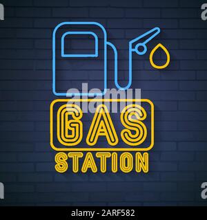 Gas Station Neon Sign On Brick Background Vector Stock Vector