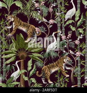 Seamless pattern in chinoiserie style with tiger, heron and jungle trees. Stock Vector