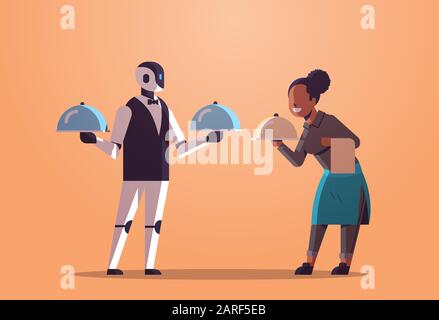 Human vs robot workers flat vector illustration. Humanoid and manager ...
