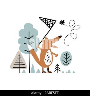 Cute fox in the forest catching butterfly Stock Vector