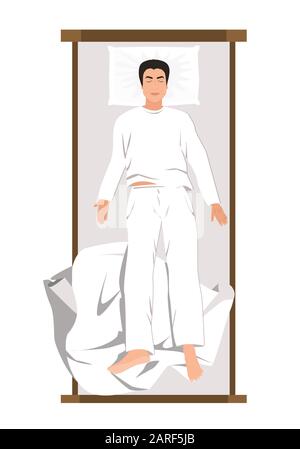 Young man sleeping in bed at home. Top view, vector illustration Stock Vector
