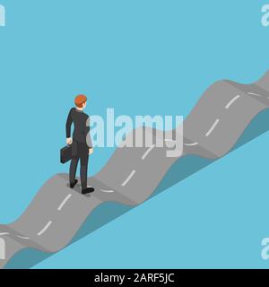 Flat 3d isometric businessman standing on unstable road. Business challenge concept. Stock Vector