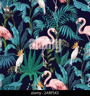 Seamless pattern with jungle trees, flamingo and parrots. Vector. Stock Vector