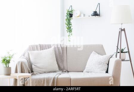 Modern light couch at living room interior, empty space Stock Photo