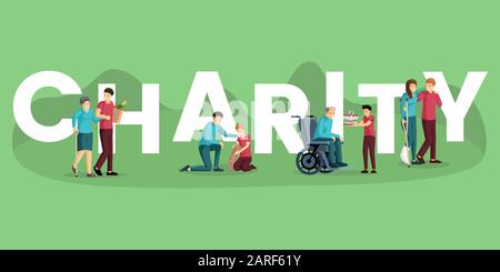 Charity word concept banner vector template. Voluntary activities, community service, nonprofit organization, philanthropy poster design. Friendly volunteers helping elderly people, adopting animals Stock Vector