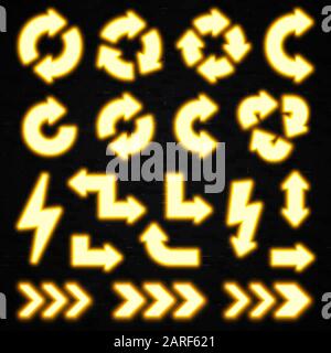 Glowing yellow neon arrows set on black brick background. Shining led halogen lamp light effect. Illuminated direction pointer symbol. Circle recyclin Stock Vector
