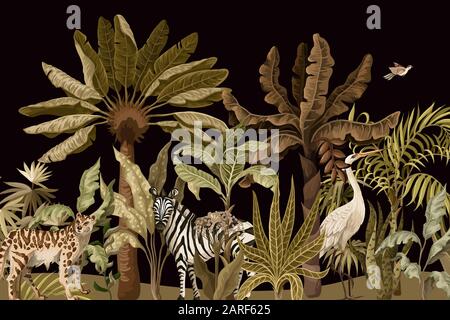 Border with jungle trees and wild birds and animals. Vector. Stock Vector