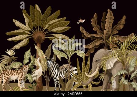 Pattern with elephants, zebras and tropical trees Stock Vector