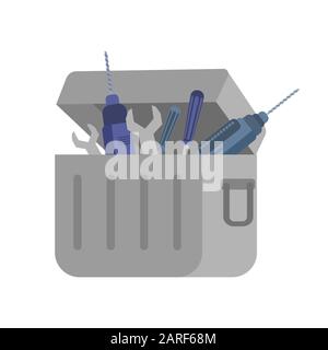 Professional toolkit flat vector illustration. Container with specialized repair instruments isolated on white background. Electric drills, spanners and screwdrivers in box, handyman equipment Stock Vector