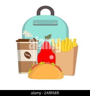 School lunch box. Children's lunch bag with sandwich, fruit and other food. Kids school lunches icons in flat style. Stock Vector