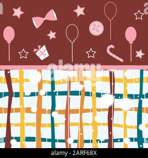 Cute Girlish Frame in pink with festive balloons, bow, gift, candy and stars. Vector Illustration Stock Vector