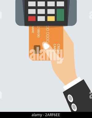 Hand holds credit card. Flat design of POS terminal. Payment by credit or debit card. Vector illustration. Stock Vector