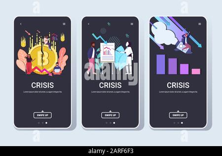 set businesspeople frustrated about financial crisis collapse of crypto currency startup failure artificial intelligence concepts collection full length smartphone screen mobile app horizontal vector illustration Stock Vector