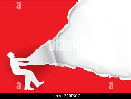 Man ripping red paper background. Paper silhouette of man ripping red paper background with place for your text or image. Vector available. Stock Vector