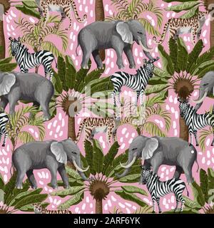 Seamless pattern with elephants, zebras and tropical trees Stock Vector