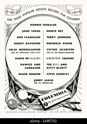 Advert for Columbia Records UK artists, 1951. This appeared in the official guide book for the Festival of Britain that was held on The South Bank, London, England, UK in 1951. The ad lists many of the popular music stars of the day including Victor Silvester, Bud Flanagan, Monte Ray, Teddy Johnson, Josef Locke and Dorothy Squires. Columbia is the oldest brand name in recorded sound. Its factory at Hayes first produced records in 1908. The company merged with the Columbia Graphophone Company in 1931 to form Electric and Musical Industries Limited (EMI). Stock Photo