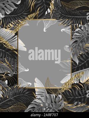 Poster with tropical monochrome leaves and gold frame. Vector. Stock Vector