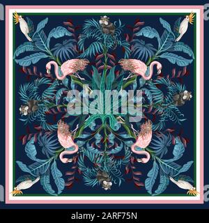 Design scarf with tropical trees, flamingo and parrots. Vector. Stock Vector