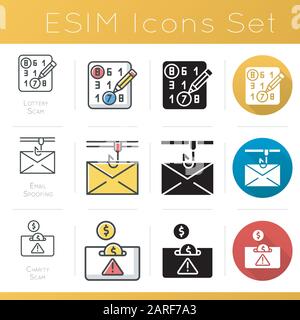 Scam types icons set. Lottery fraudulent scheme. Email spoofing. Charity fraud. Cybercrime. Illegal money gain. Flat design, linear, black and color s Stock Vector