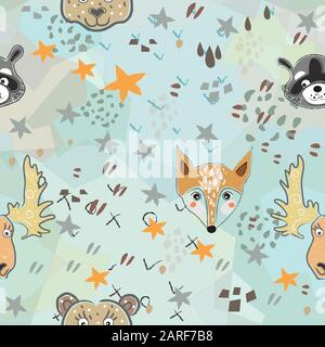 Seamless fox pattern with cute heads of animals, stars and abstract shapes. Cute Scandinavian Style Stock Vector