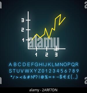 Area chart neon light icon. Rising graph with indexes. Increasing diagram. Infographic. Business visualization. Glowing sign with alphabet, numbers an Stock Vector