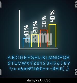 Vertical histogram neon light icon. Increasing interest rate bars. Rising chart, graph growth. Business diagram. Glowing sign with alphabet, numbers a Stock Vector
