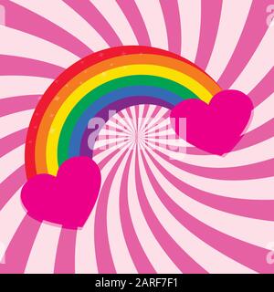 Bright cartoon rainbow sticker with pink hearts Stock Vector
