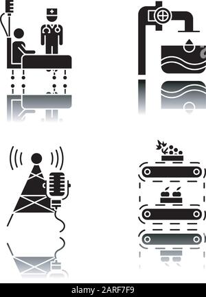 Industry types drop shadow black glyph icons set. Healthcare services. Water supply. Broadcasting, telecommunication. Fruit supply. Clinic, medical he Stock Vector