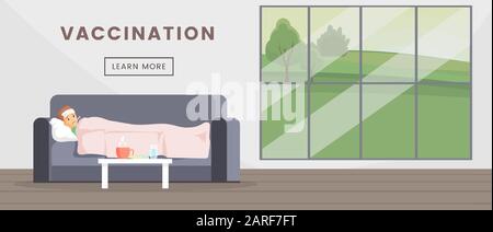 Vaccination flat web banner vector template. Medical immunization landing page, healthcare industry poster concept. Sick man lying with fever, virus infection cartoon illustration with typography Stock Vector