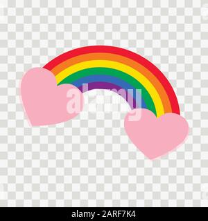 Bright cartoon rainbow sticker with pink hearts on a transparent background Stock Vector
