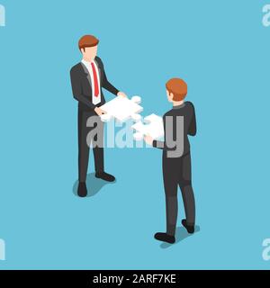 Flat 3d isometric business people assembling compatibility jigsaw puzzle together. Business team and teamwork concept. Stock Vector