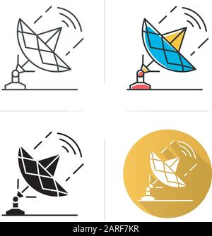Telecommunication industry icon. Global broadcasting and telecommunication with satellite. News and media. Frequency waves. Flat design, linear and co Stock Vector