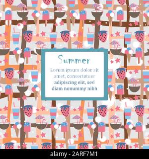 Cute Summer Pattern with  Text and summer elements like watermelon, coffee, ice cream, coconut, etc. Vector Illustration Stock Vector