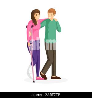 Trauma, injury rehabilitation flat vector illustration. Happy young couple, smiling man and woman with broken leg cartoon characters. Husband supporting wife on crutches, voluntary help design element Stock Vector