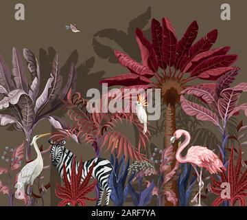 Border with tropical animals in jungle. Vector. Stock Vector