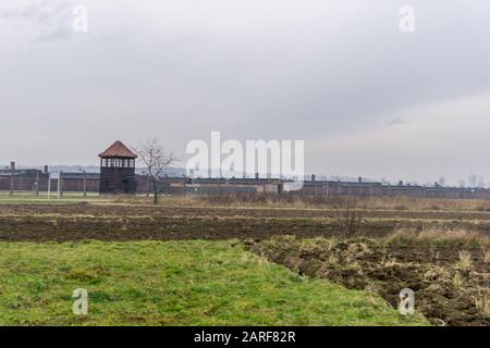 Guard towers at Auschwitz II–Birkenau,Ofiar Niemieckiego Faszyzmu, Brzezinka, Poland Stock Photo