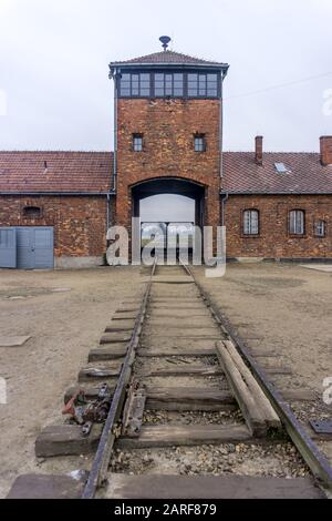 Entrance to Auschwitz II–Birkenau,Ofiar Niemieckiego Faszyzmu, Brzezinka, Poland Stock Photo
