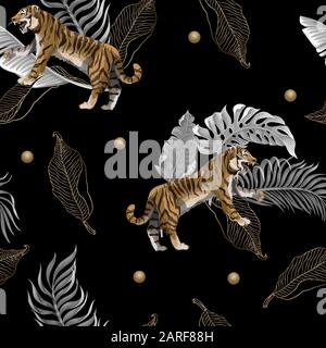 Seamless pattern with tigers and leaves. Vector. Stock Vector