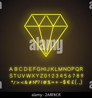 Diamond neon light icon. Crystal. Decorative brilliant. Jewelry element. Geometric figure. Abstract shape. Isometric form. Glowing sign with alphabet, Stock Vector