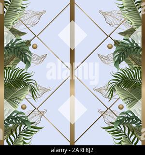 Seamless pattern with tropical leaves, gold and geometrical elements. Vector. Stock Vector