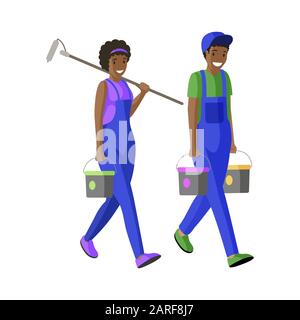 House painters team flat vector illustration. Repairman, workmen carrying buckets and paint roller cartoon characters. Apartment decorators facade renovation specialists in professional uniform Stock Vector
