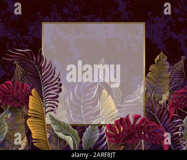 Poster with tropical leaves and gold frame. Vector. Stock Vector