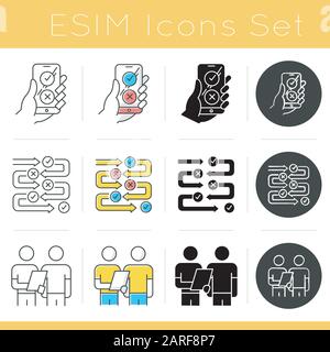 Survey icons set. Agree and disagree option. Share opinion. Progress stages. Structure and workflow. Two people Interviewing. Flat design, linear, bla Stock Vector