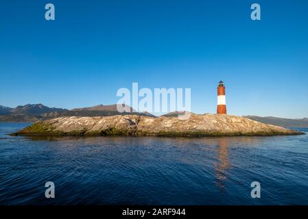 Les Eclaireurs Lighthouse (the Scouts) a lighthouse standing on the northeastern-most island in the Beagle Channel, near Ushuaia, Tierra del Fuego, Ar Stock Photo