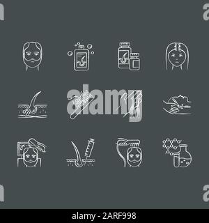 Hair Loss Chalk White Icons Set On Black Background Male Alopecia