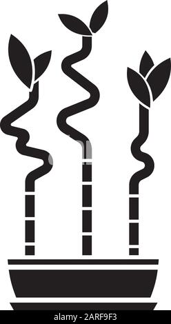 Lucky bamboo stems in pot black glyph icon. Dracaena sanderiana. Indoor exotic plant. Small tropical tree. Good feng shui houseplant. Silhouette symbo Stock Vector