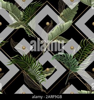 Seamless pattern with tropical leaves, gold and geometrical elements. Vector. Stock Vector